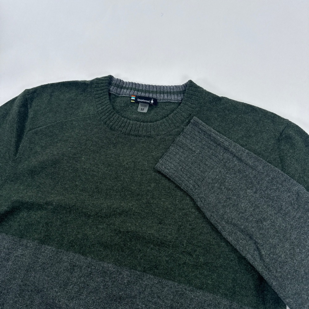 Smartwool Mens Sweater Medium Green Grey Colorblock Crewneck Merino Wool Blend